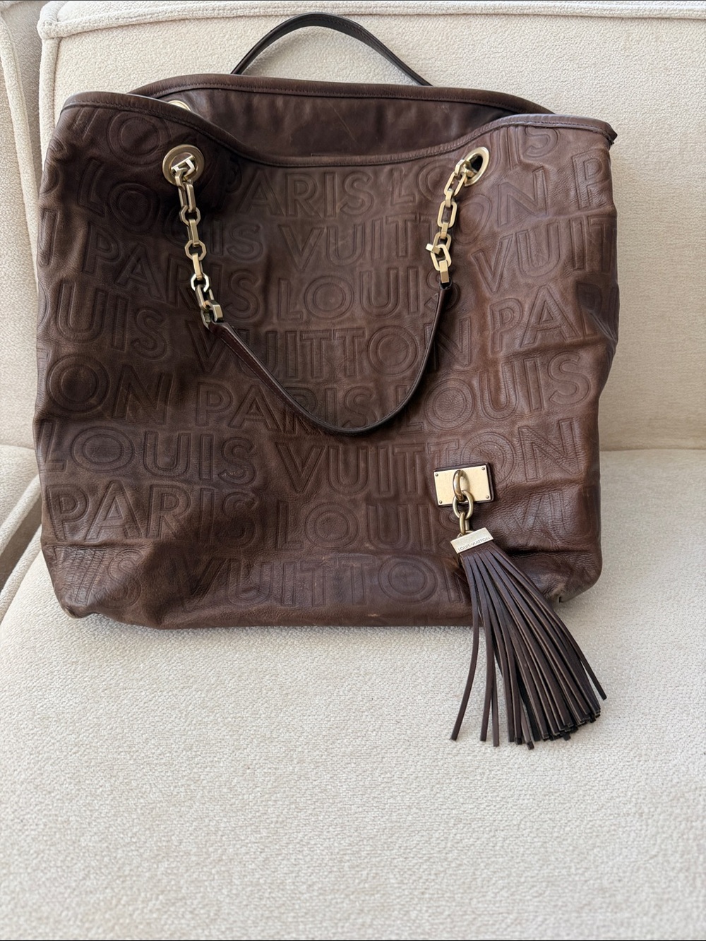 Louis Vuitton Brown Embossed Leather Shoulder Bag with Tassel